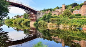 Ironbridge river water trees green houses bridge 